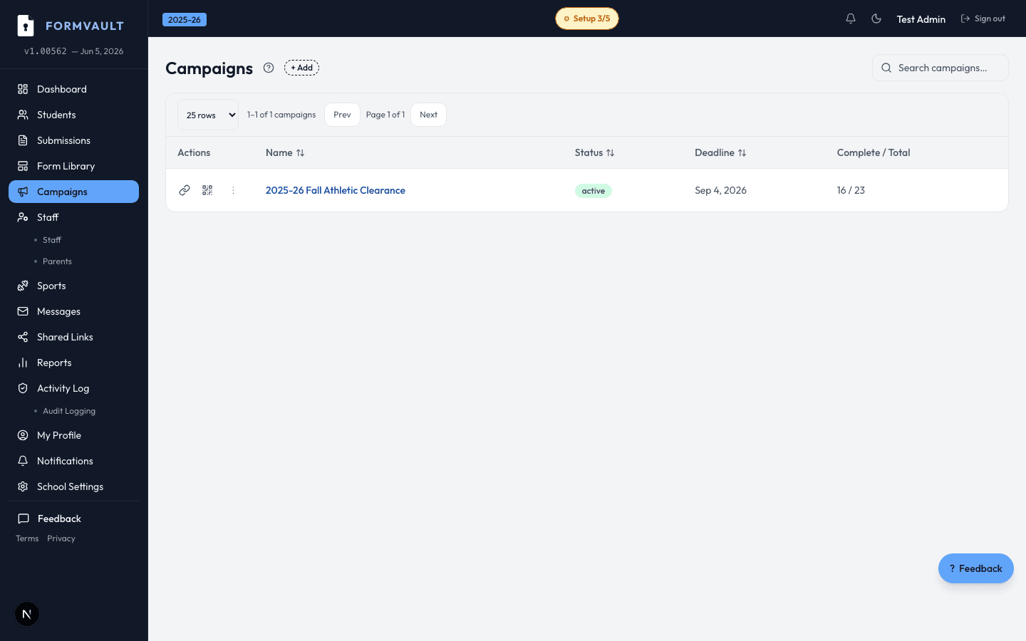 Campaign Health Dashboard — FormVault admin interface screenshot