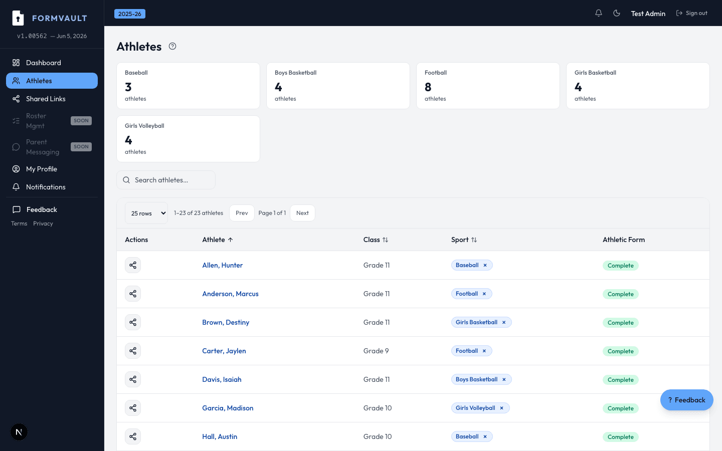 Coach Portal — FormVault admin interface screenshot