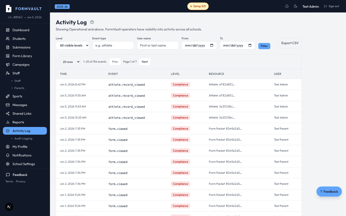 Compliance Audit Trail — FormVault admin interface screenshot
