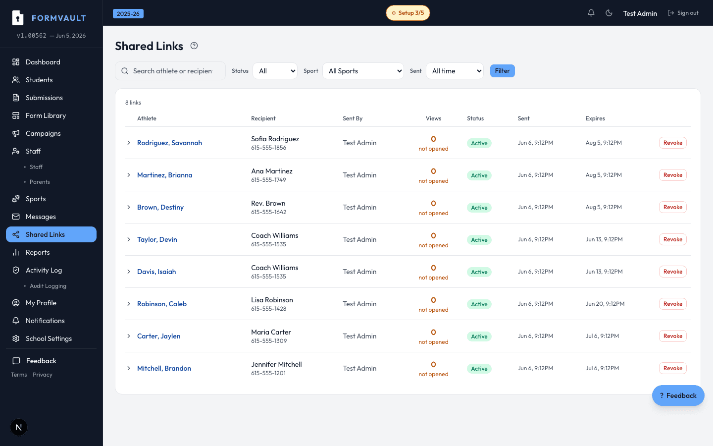 Expiring Share Links — FormVault admin interface screenshot